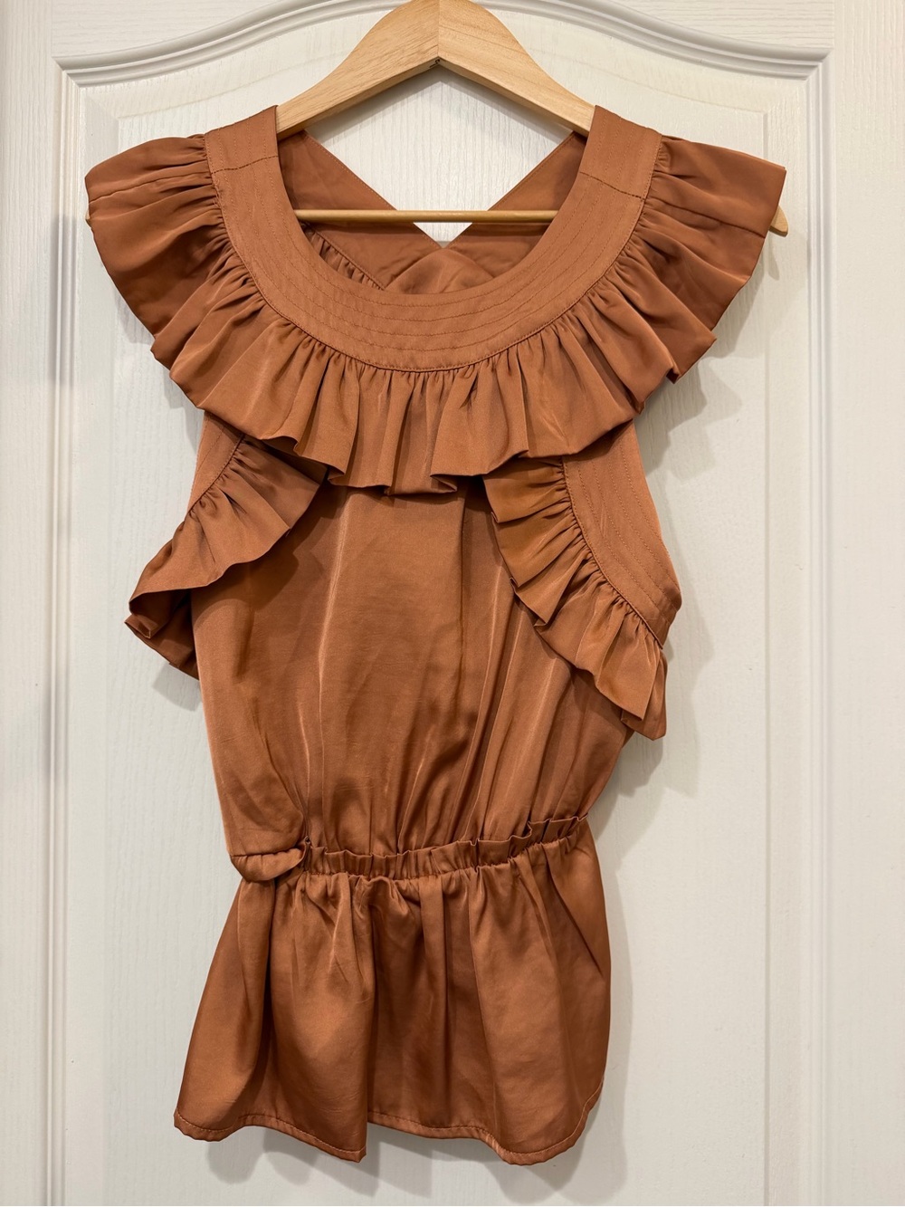 dRA Los Angeles XS Copper Brown Ruffle Peplum Blouse Open Back Boho Top